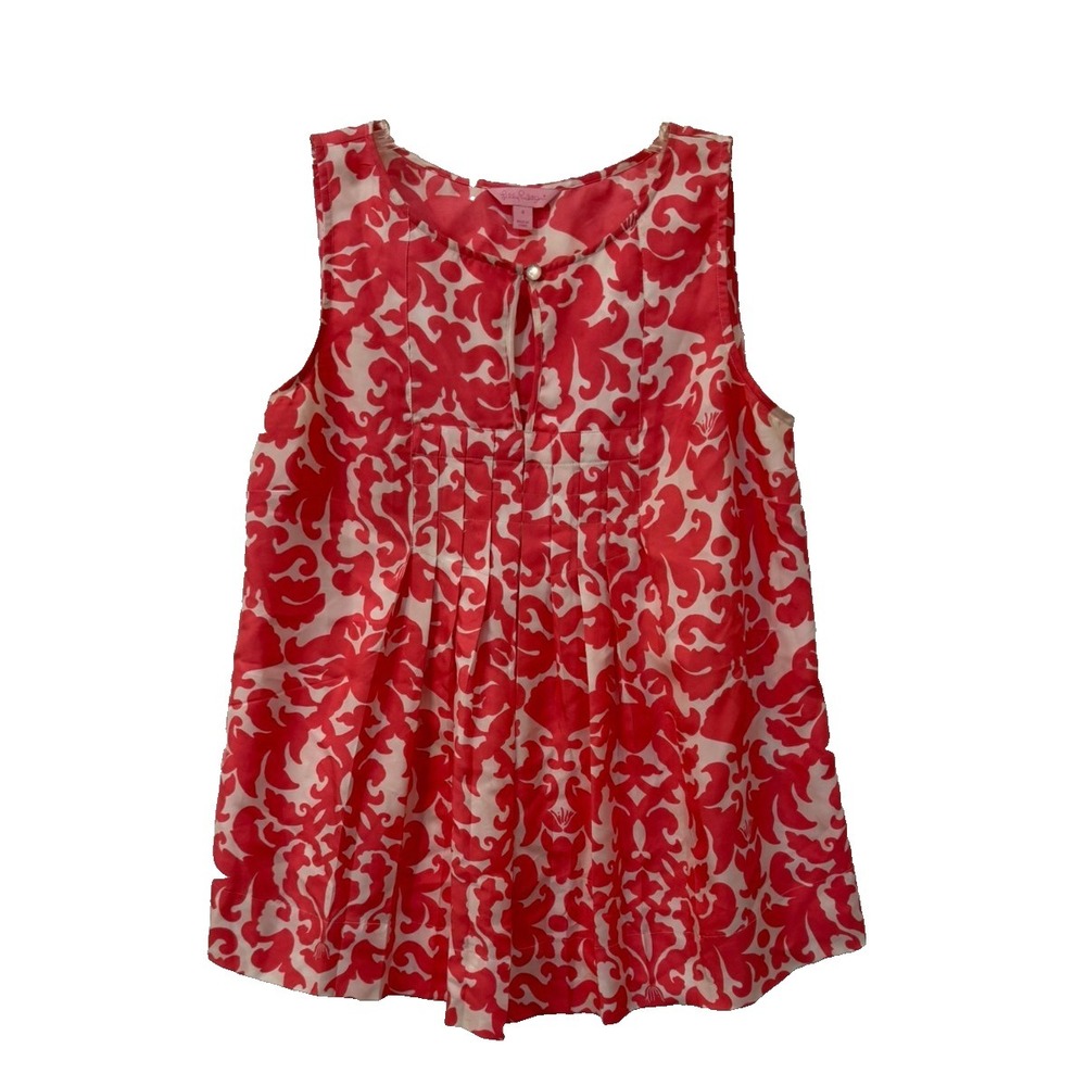 Lily Pulitzer Size 8 100% Silk Pink & White Front Pleat Floral Sleeveless Top